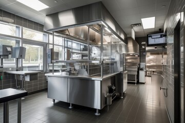 drive-thru, with commercial kitchen visible, where orders are made fresh and delivered to customers, created with generative ai