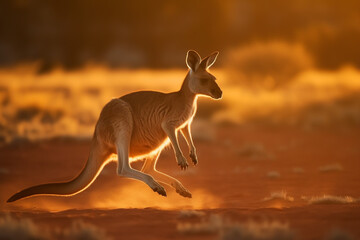 An Australian kangaroo hopping in the outback at golden hour created with generative AI