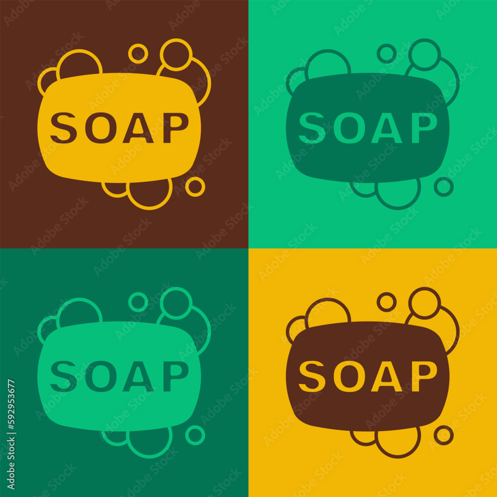 Poster pop art bar of soap icon isolated on color background. soap bar with bubbles. vector