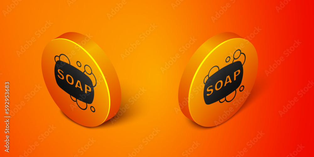 Poster isometric bar of soap icon isolated on orange background. soap bar with bubbles. orange circle butto