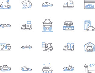 Car and transport outline icons collection. Car, Transport, Automobile, Motors, Driving, Tires, Wheels vector and illustration concept set. Gasoline, Roads, Traffic linear signs
