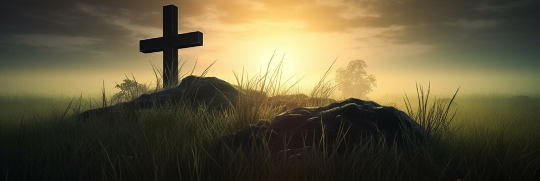 Concept conceptual black cross religion symbol silhouette in grass over sunset or sunrise sky. AI generative