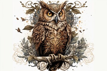A white background serves as a canvas for the owl, adorned with intricate floral patterns, swirls, and decorative shapes, creating an artistic and ornate design. AI