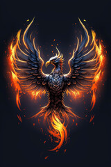 Burning bird phoenix rising form flames and fire, logo. ai generative