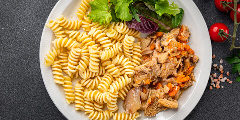 pasta meat tripe fusilli fresh ready to cook healthy meal food snack on the table copy space food background rustic top view