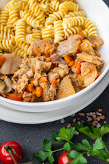 pasta meat tripe fusilli fresh ready to cook healthy meal food snack on the table copy space food background rustic top view