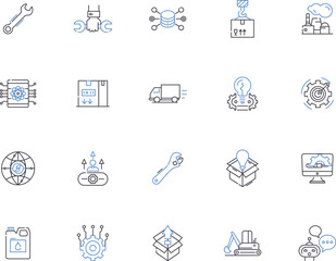 Industry outline icons collection. Manufacture, Business, Factory, Conglomerate, Commerce, Trade, Retail vector and illustration concept set. Service, Process, Production linear signs