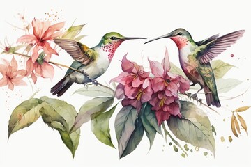 A watercolor painting featuring colibri birds, pink flowers, and leaves on a white background. AI