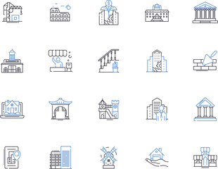 Property investment outline icons collection. investment, property, realestate, rentals, yielding, revenue, capital vector and illustration concept set. return, leasing, mortgaging linear signs