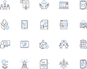 Marketing plan outline icons collection. Strategy, Tools, Budget, Promotion, Research, Analysis, Objectives vector and illustration concept set. Audience, Goals, Execution linear signs