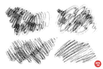 Vector set of hand drawn textured chaotic brush strokes, stains for backdrops. Monochrome design elements set. One color monochrome artistic hand drawn backgrounds.