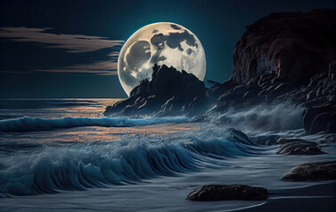 Greate wave in ocean, storm under evening sky and moonlight, illustration