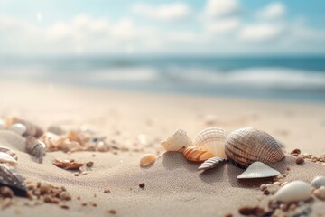 Fototapeta na wymiar Summer concept sandy beach background with seashells. AI generated