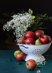 Vibrant colors still life with fresh red apples on a table. Healthy eating concept. Organic seasonal fruit close up photo. 