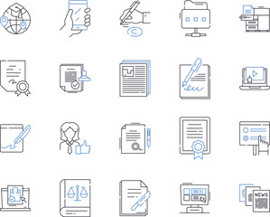 learning management system outline icons collection. LMS, Courseware, eLearning, Pedagogy, Training, Classes, Assessment vector and illustration concept set. Certification, Tutoring, Analytics linear