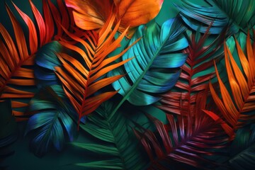 Fototapeta na wymiar Tropical bright colorful background with exotic painted tropical palm leaves. AI generated