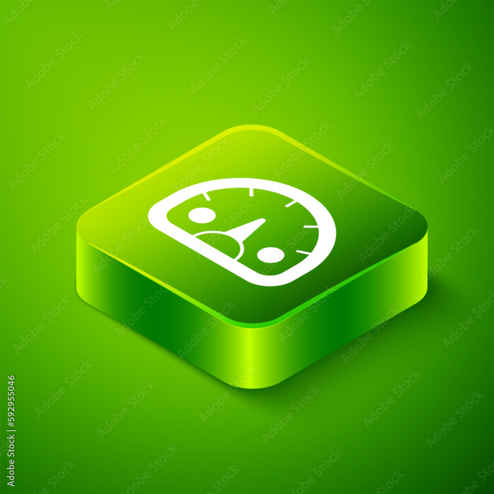 Poster isometric speedometer icon isolated on green background. green square button. vector