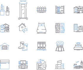 Interior design and renovation outline icons collection. Decorating, Furnishing, Upholstery, Wallcovering, Lighting, Refurbishment, Styling vector and illustration concept set. Space-planning