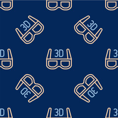 Line 3D cinema glasses icon isolated seamless pattern on blue background. Vector