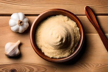Top view of garlic powder with two pieces garlic isolated wooden background