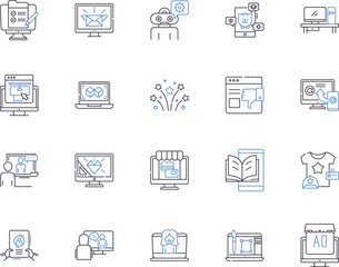Digital media agency outline icons collection. Digital, media, agency, web, marketing, social, media vector and illustration concept set. strategy,content,creation linear signs