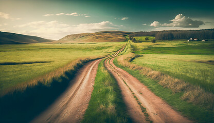 Scenic view of dirt road and grassy field with large cumulus clouds in the sky, Generative ai