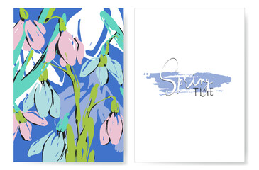 Mocket of a spring card with hand-drawn snowdrops. Abstract floral background and inscription hello spring. Vector illustration in blue and pink colors. Design for printing, weddings, invitations.