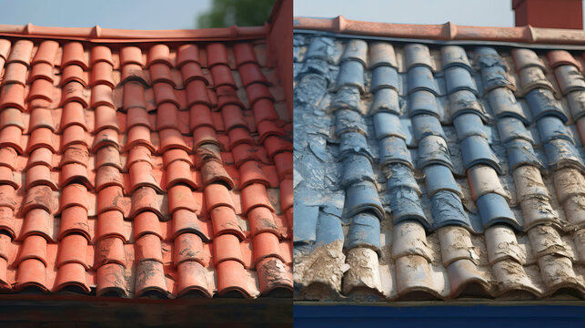 One image is about an old broken tile of blue color and another image with a tile of red color. Roofs that requires major repairs. Generative AI.