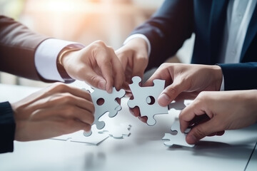 Business people with jigsaw puzzle pieces in office, Successful teamwork and partnership concept