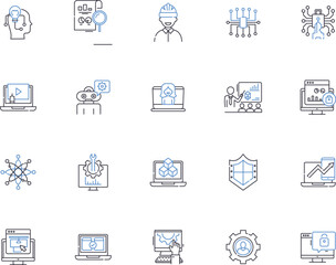 Computer security outline icons collection. Computer, Security, Cybersecurity, Network, Protection, Antivirus, Firewall vector and illustration concept set. Encryption, Password, Access linear signs