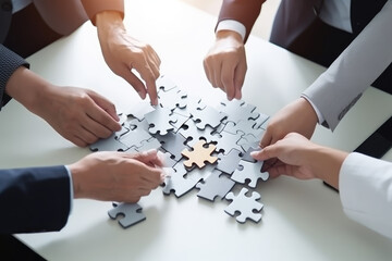 Business people with jigsaw puzzle pieces in office, Successful teamwork and partnership concept