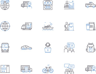 Warehouse management outline icons collection. Warehousing, Inventory, Logistics, Dispatch, Automation, Ergonomics, Processes vector and illustration concept set. Fleet, Delivery, Compliance linear