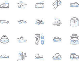 Transport and location outline icons collection. Transport, Location, Voyage, Journey, Shipping, Move, Express vector and illustration concept set. Trip, Haul, Relocate linear signs