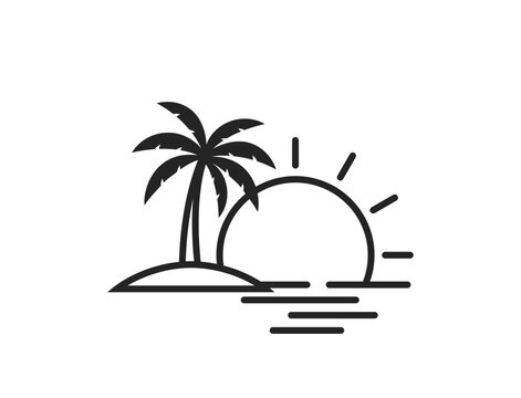 palm tree, sea and sun. summer, beach and exotic vacation line icon. vector image for tourism design