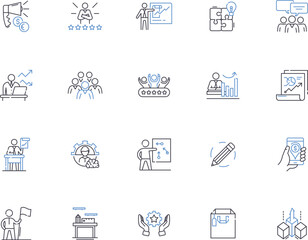 Project management outline icons collection. Planning, Scheduling, Tracking, Executing, Analysis, Organizing, Estimating vector and illustration concept set. Teamwork, Budgeting, Resourceful linear