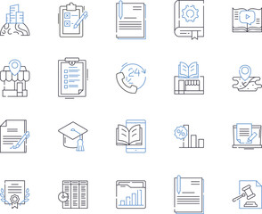 Stationery outline icons collection. Pen, Paper, Notebook, Pencil, Eraser, Crayon, Ruler vector and illustration concept set. Stapler, Scissors, Glue linear signs