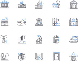 Buildings outline icons collection. Architecture, Structures, Edifices, Skylines, Infrastructures, Skyscrapers, Facades vector and illustration concept set. Turrets, Spires, Columns linear signs