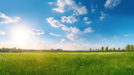 Fototapeta na wymiar Serene Beauty of a Green Field with Flowers and Blue Sky
