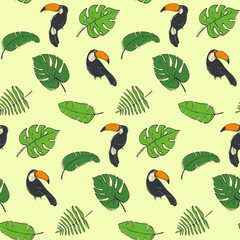 Seamless pattern with toucan bird, green leaves. Wild tropical nature. Vector illustration in a flat style. © Khay_Juliya