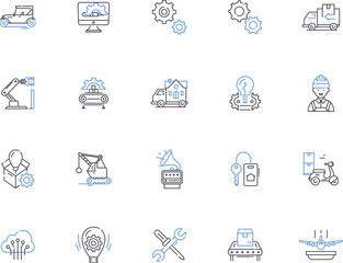 Mechanics outline icons collection. Mechanics, Repair, Motor, Automotive, Engineering, Torque, Friction vector and illustration concept set. Restitution, Dynamics, Force linear signs