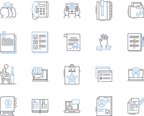 learning management system outline icons collection. LMS, Courseware, eLearning, Pedagogy, Training, Classes, Assessment vector and illustration concept set. Certification, Tutoring, Analytics linear