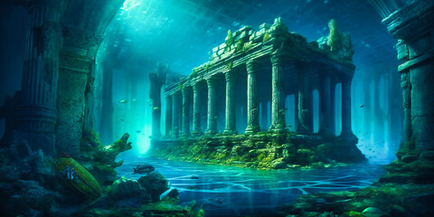 underwater archaeological monument with sea animals underwater ancient monument underwater