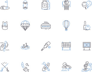 Sport equipment outline icons collection. Racket, Shoes, Gloves, Balls, Uniform, Locker, Racquets vector and illustration concept set. Bat, Pads, Helmet linear signs