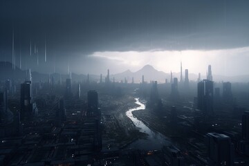 A futuristic cityscape with advanced weather prediction and management technology, Generative AI