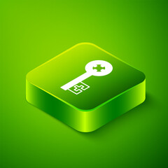 Isometric Old key icon isolated on green background. Green square button. Vector