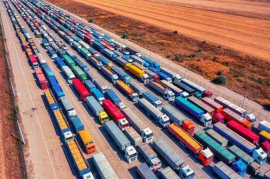 Grain Transport Hub: Trucks Lined Up at Ukraine's Port