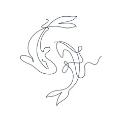 Naklejka na ściany i meble Two koi carp fish in a continuous single line drawing style. One line hand drawing vector illustration.