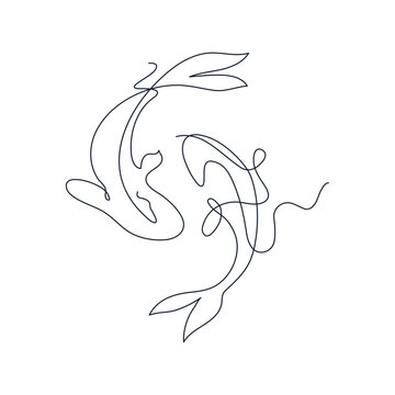 Two koi carp fish in a continuous single line drawing style. One line hand drawing vector illustration.
