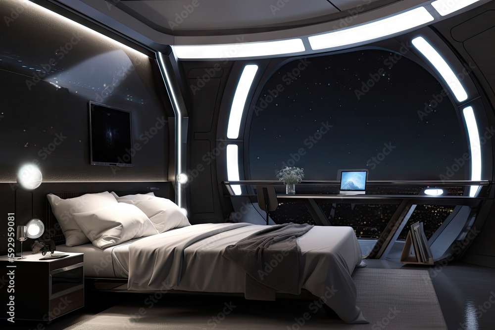 Wall mural futuristic bedroom with view of outer space, stars shining through the window, created with generati