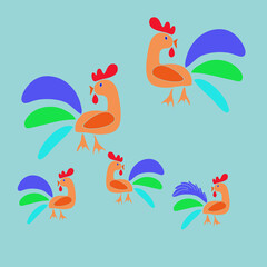 Stylized colored roosters. Hand drawn.